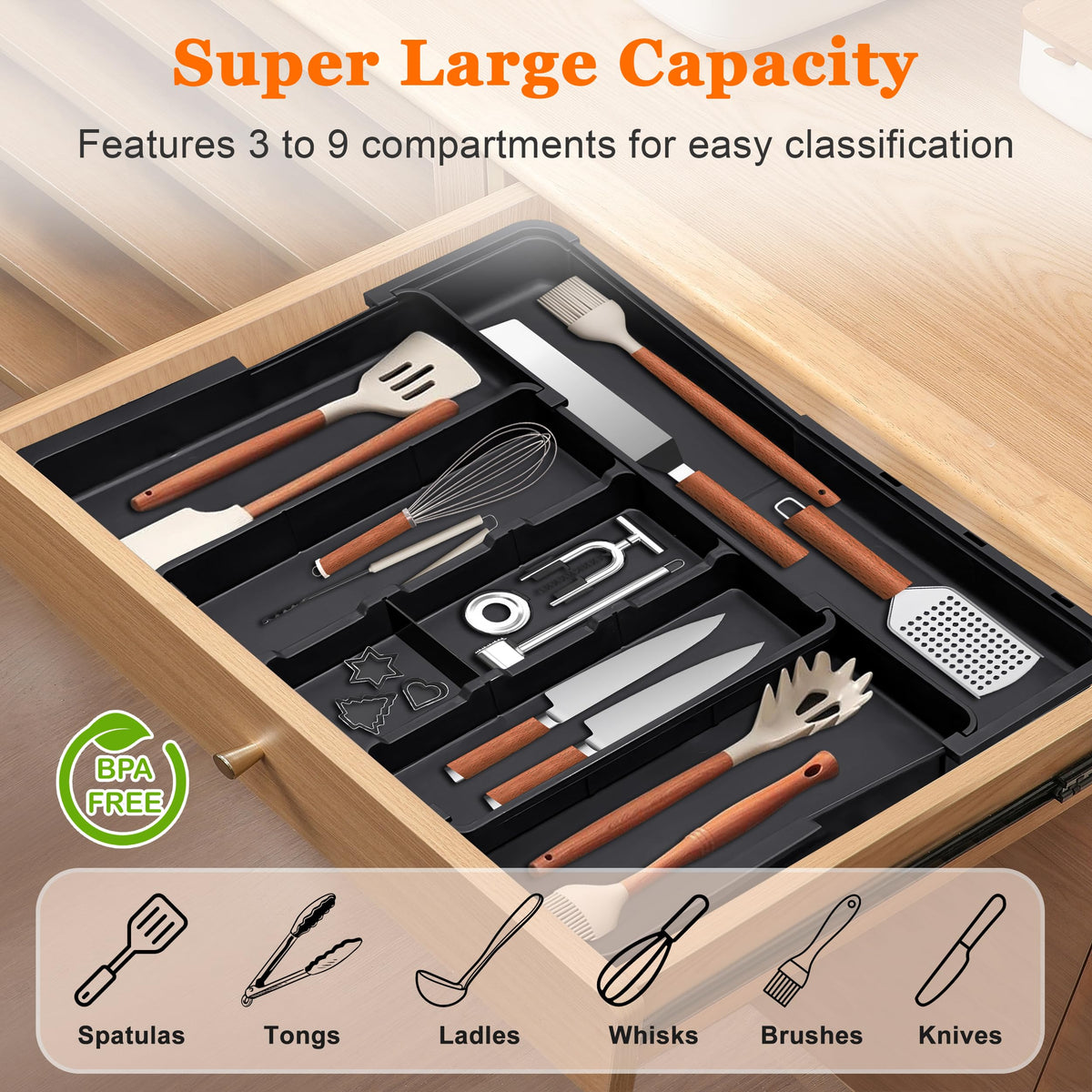 Spaclear Large Kitchen Utensil Drawer Organizer Expandable Silverware Tray