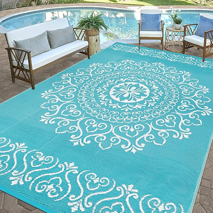 Pauwer Waterproof Outdoor Rug 9x12, Reversible Plastic Straw Patio Camping Rug, Indoor Outdoor RV Mat Carpet for Deck, Camper, Porch, Balcony, Backyard, Picnic, Floral Teal
