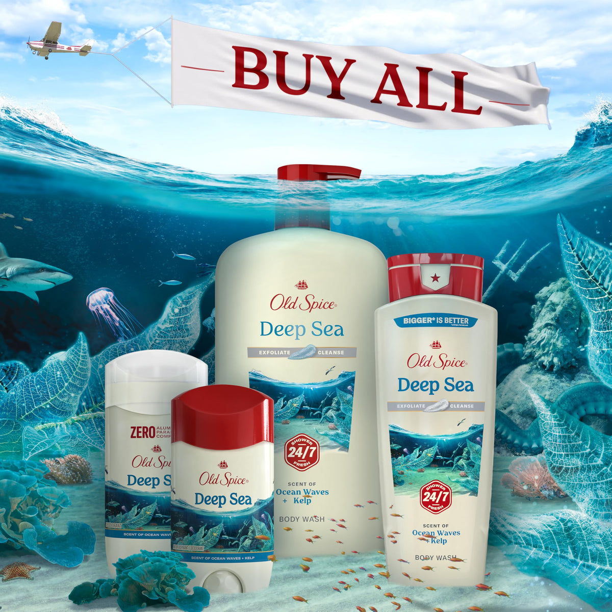 Old Spice Cleansing Body Wash for Men, 24/7 Shower Fresh with Lasting Scent, Exfoliate & Cleanse, Gentle on Skin, Vitamin B3, Deep Sea with Ocean Waves + Kelp Scent, 18 oz (Pack of 4)