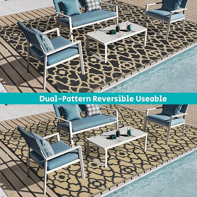 HEBE Outdoor Rug Waterproof 9x12, Reversible Plastic Straw Rug RV Camping Rug, Indoor Outdoor Patio Mat Clearance, Outside Carpet for Porch,Deck,Camper,Balcony,Backyard,Picnic