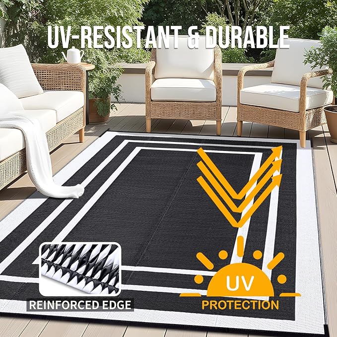 OLANLY Outdoor Rug 8x10 ft Waterproof, Reversible Outdoor Plastic Straw Rug, RV Mat, Indoor Outdoor Carpet Clearance for Patio, Camping, Balcony, Deck, Backyard, Black & White