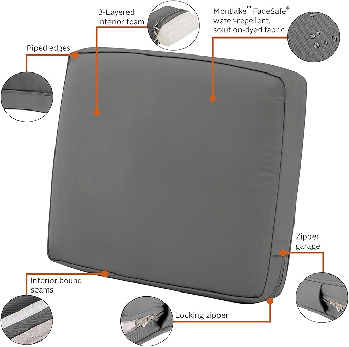 Classic Accessories Montlake Water-Resistant 19 x 20 x 4 Inch Patio Lounge Back Cushion, Light Charcoal Grey, Outdoor Loveseat Cushions