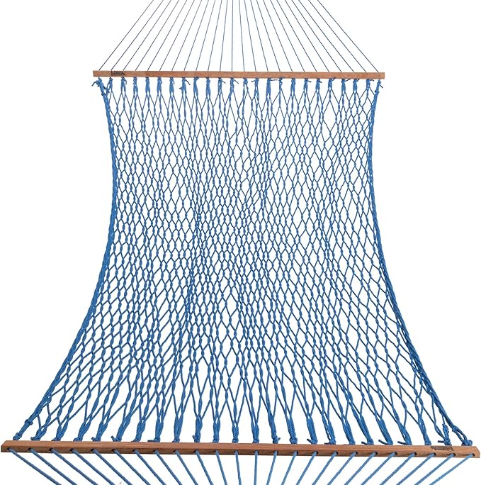 Hatteras Hammocks Deluxe Coastal Blue Duracord Rope Hammock with Free Extension Chains & Tree Hooks, Handcrafted in The USA, 450 LB Weight Capacity, 13 ft. x 60 in