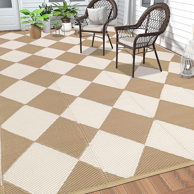HEBE Outdoor Rug Waterproof 9x12, Plastic Straw Rug Camping Rug, Reversible Outdoor Patio Rugs RV Mat Clearance, Indoor Outside Floor Carpet for Porch,Deck,Camper,Balcony,Backyard