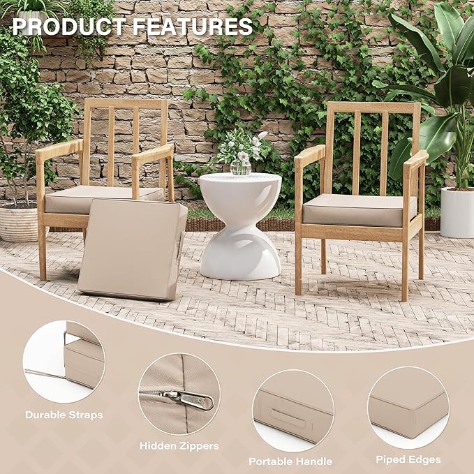 Patio Chair Cushions 17 X 16 X 3 Inch Waterproof Outdoor Seat Cushions for Patio Furniture, Outdoor Sofa Couch Pads with Ties & Handle, Set of 2, Sand