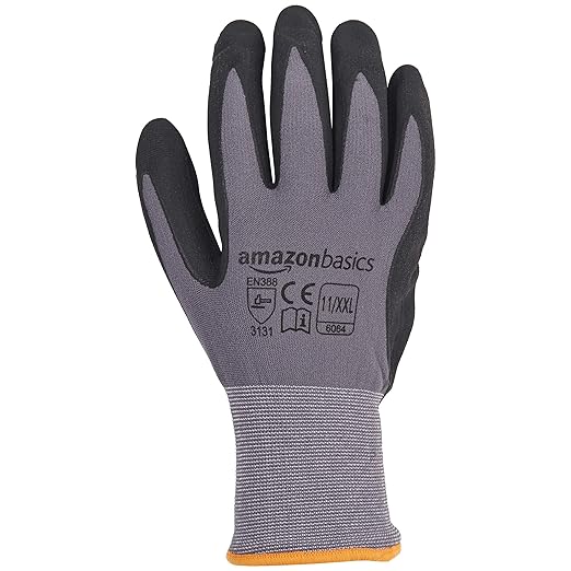 Amazon Basics Micro-Foam Nitrile Coated Work Gloves, Nylon Liner Fiber, Touch Screen, Grey, 11/XXL, 12-Pair