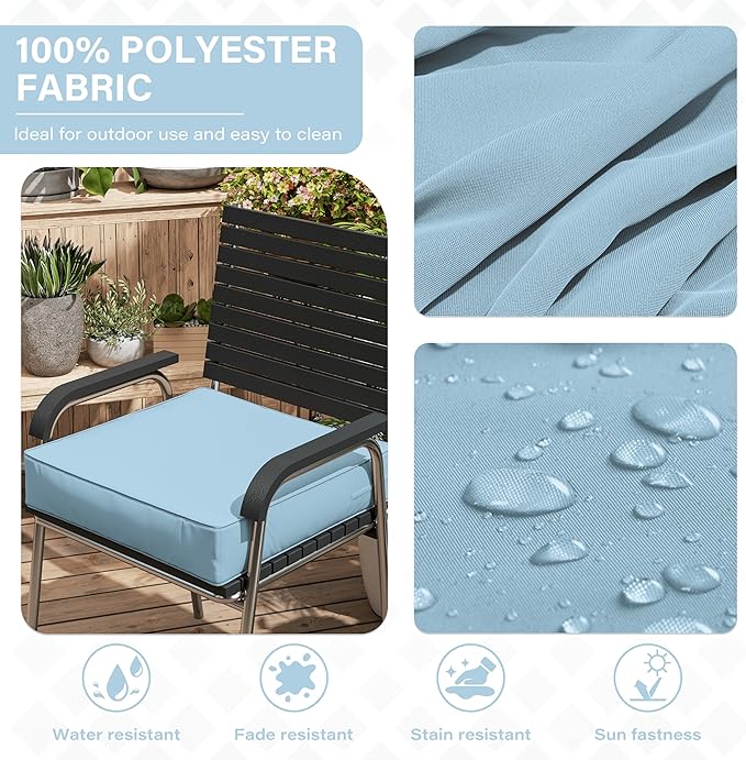 Patio Chair Cushions 24 X 24 X 5 Inch Waterproof Outdoor Seat Cushions for Patio Furniture, Outdoor Sofa Couch Pads with Ties & Handle, Set of 2, Light Blue