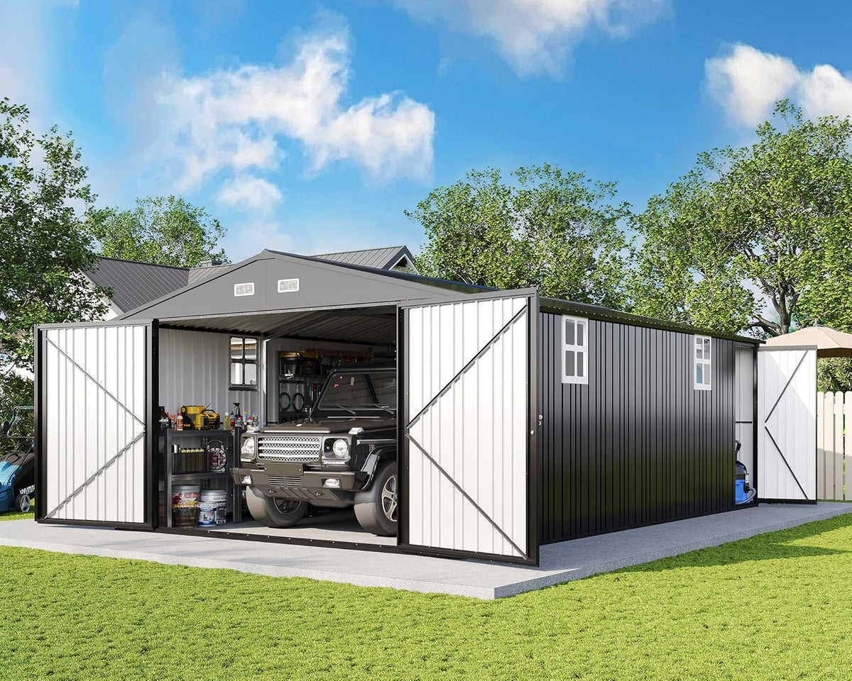 AMERLIFE 13.2x21x8 FT Outdoor Metal Garage Shed, Extra Large Storage Shed with Double Hinged Doors, 4 Windows, Carport for Car, Truck, Bike and Lawn Equipment, Dark Grey