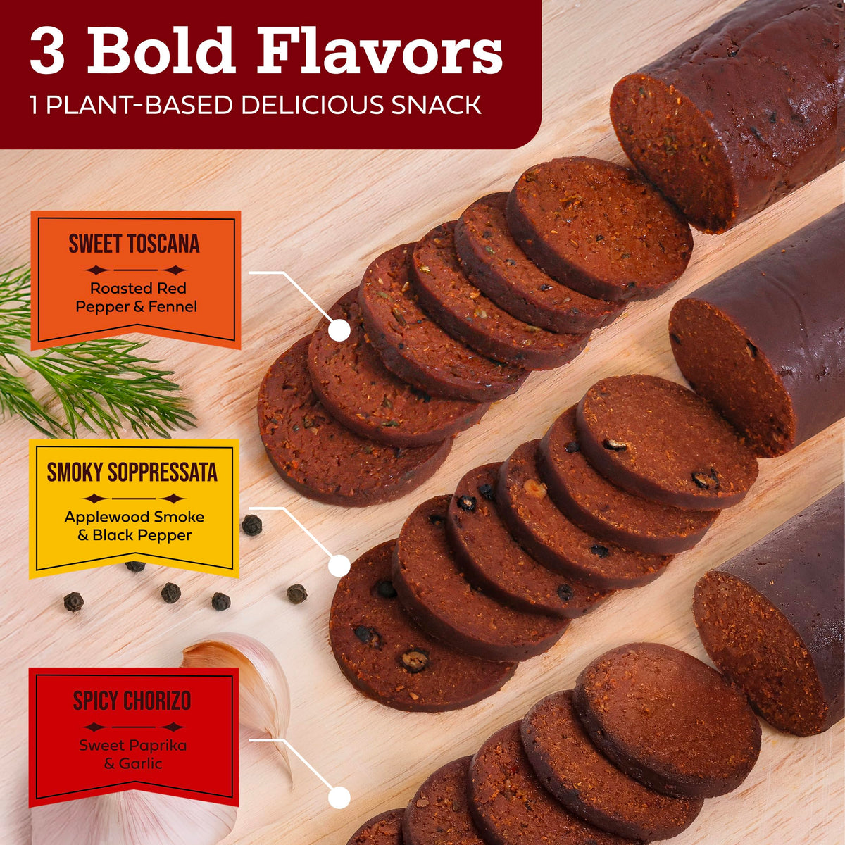 Renegade Foods Artisan Vegan Salami | 3 Pack | Smoky Soppressata, Sweet Toscana, Spicy Chorizo | High Protein, Low Sugar, Seitan, Non-GMO | 16 - 17g
