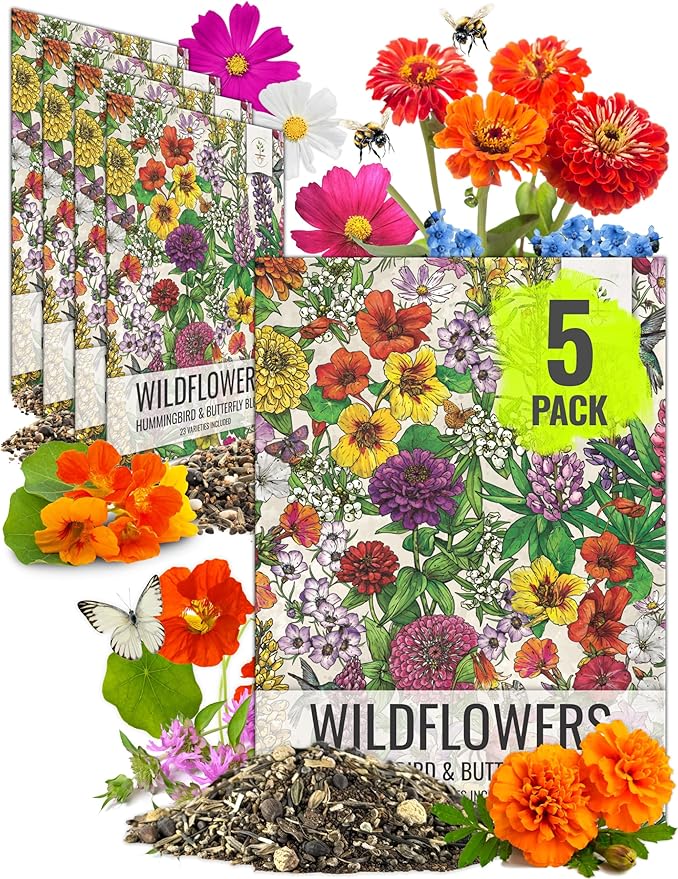 Seed Needs Wildflower Seeds Hummingbird and Butterfly Seed Mix | 5 Packs (1 Ounce Each) No Filler 23 Varieties Garden Seeds Annual & Perennial Species | Pollinator Attracting Flower Seed | Bulk