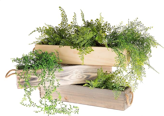 20" Rectangular Rustic Wood Planter with Handle and Plastic Liner l Rustic Whitewash l Country Style, Home and Wedding Decorations, Garden Ornaments (20x4 w Handle Set of 2, Whitewash)
