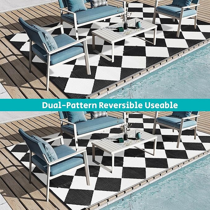 HEBE Outdoor Rug Waterproof 6x9, Reversible Plastic Straw Rug RV Camping Rug, Indoor Outdoor Patio Mat Clearance, Outside Carpet for Porch,Deck,Camper,Balcony,Backyard,Picnic