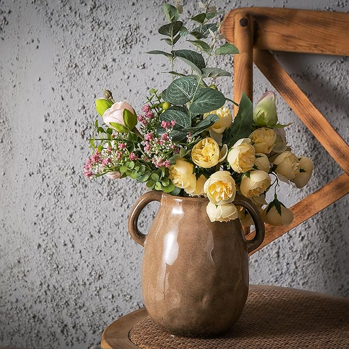 Kimdio Brown Ceramic Vase with 2 Handles, Modern Farmhouse Vase for Home Decor, Vintage Rustic Pottery Vase, Decorative Terracotta Vase, Clay Jug for Living Room Dining Table Shelf