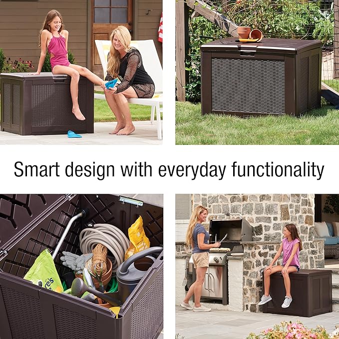 Rubbermaid Medium Resin Outdoor Storage Deck Box (74 Gal) Weather Resistant Brown Deck Organization for Home/Backyard/Pool Chemicals/Toys/Garden Tools/Porch/Patio Cushions