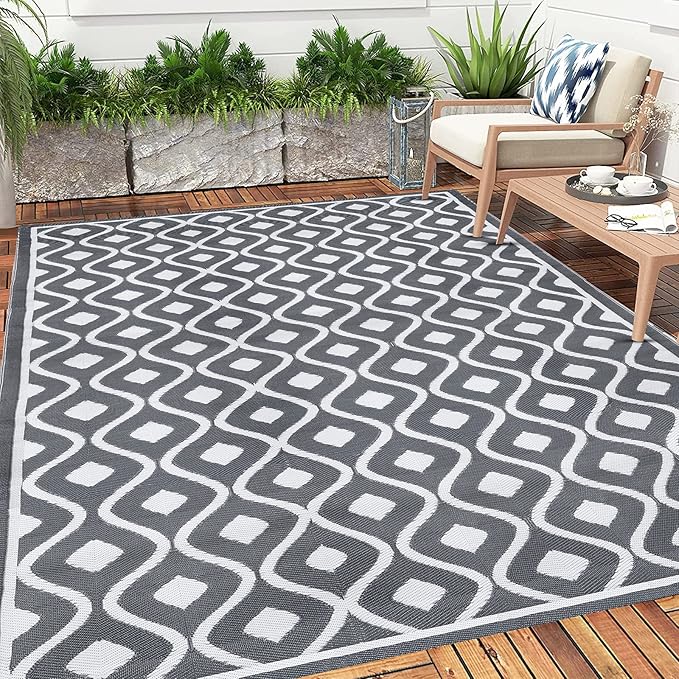 Pauwer Waterproof Outdoor Rug 8x10, Reversible Plastic Straw Patio Camping Rug, Indoor Outdoor RV Mat Carpet for Deck, Camper, Porch, Balcony, Backyard, Picnic, Geometric Grey
