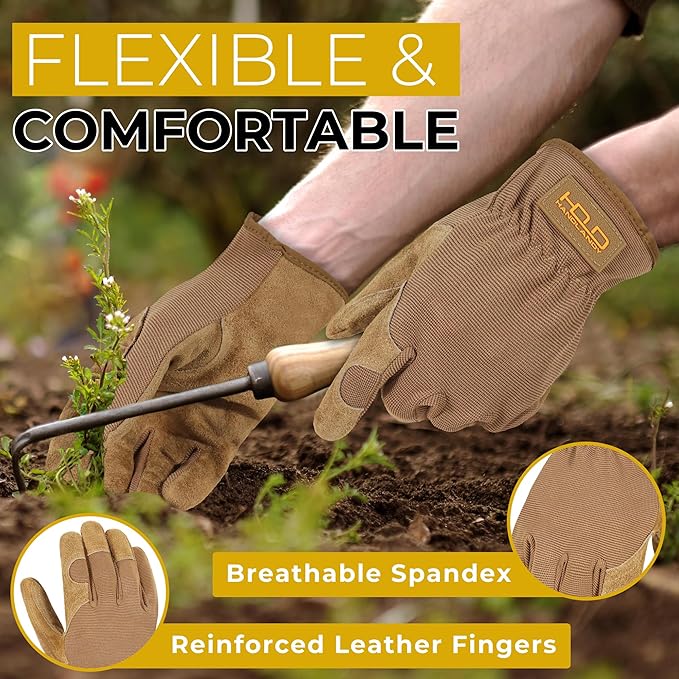 HANDLANDY Leather Work Gloves for Men & Women, Reinforced Durable Garden Gloves, Cowhide Working Glove for Gardening