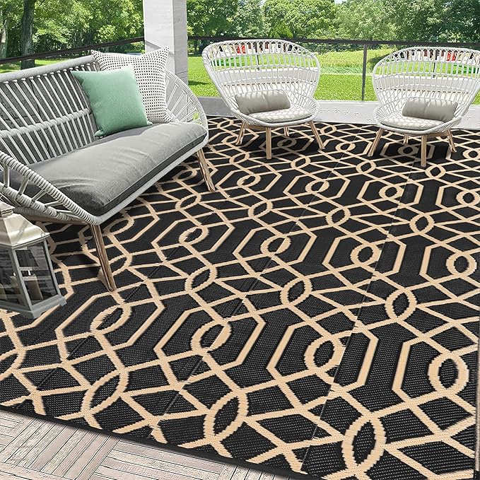 HEBE Outdoor Rug Waterproof 9x12, Reversible Plastic Straw Rug RV Camping Rug, Indoor Outdoor Patio Mat Clearance, Outside Carpet for Porch,Deck,Camper,Balcony,Backyard,Picnic