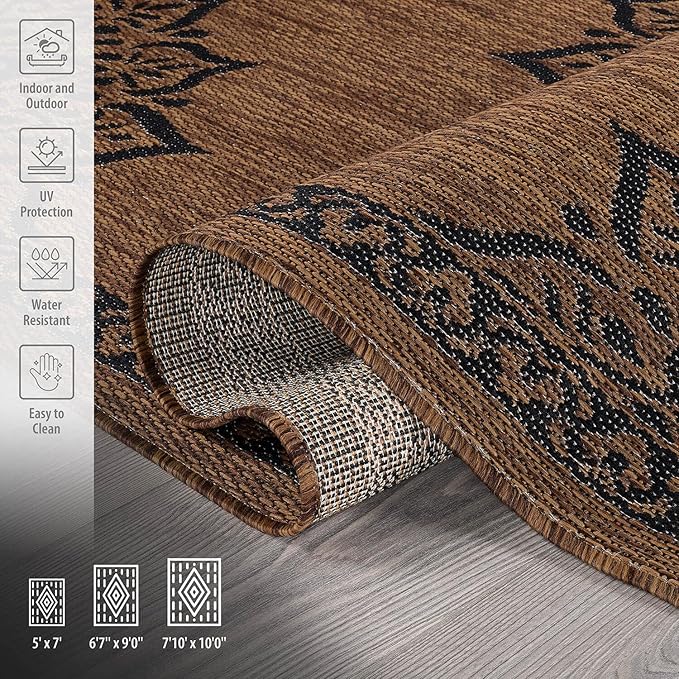 CAMILSON Outdoor Rug, Modern Area Rugs for Indoor and Outdoor Patios, Kitchen and Hallway mats, Washable Porch Deck Outside Carpet (6 x 9, Medallion Nut Brown)