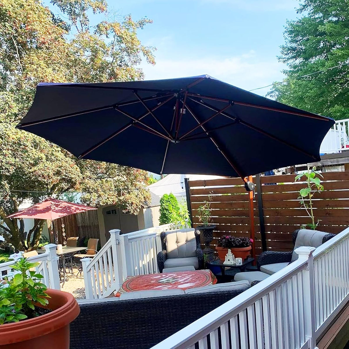 PURPLE LEAF 12 Feet Double Top Deluxe Round Patio Umbrella Offset Hanging Umbrella Cantilever Umbrellas Outdoor Market Umbrellas Garden Umbrella, Navy Blue