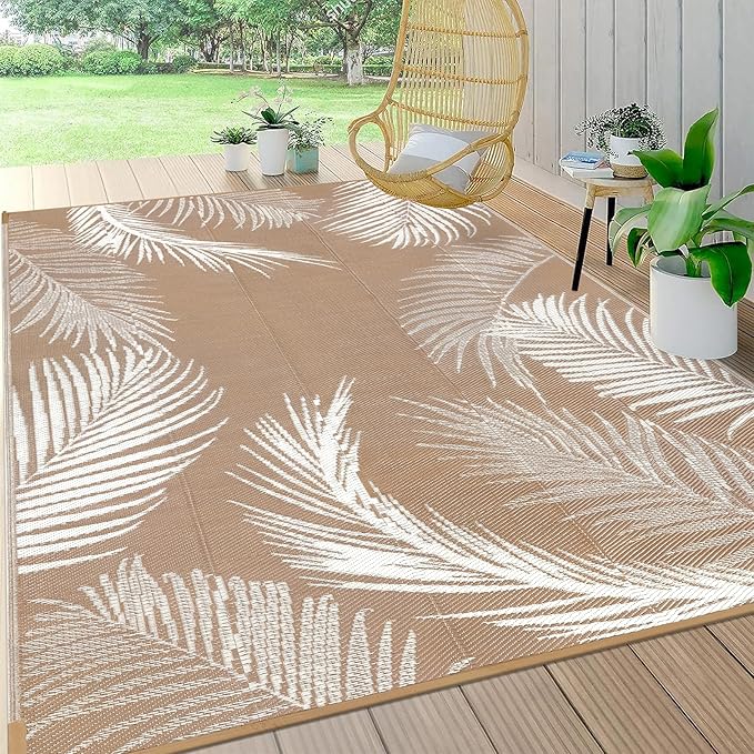 Pauwer Waterproof Outdoor Rug 6x9, Reversible Plastic Straw Patio Camping Rug, Indoor Outdoor RV Mat Carpet for Deck, Camper, Porch, Balcony, Backyard, Picnic, Leaf Brown