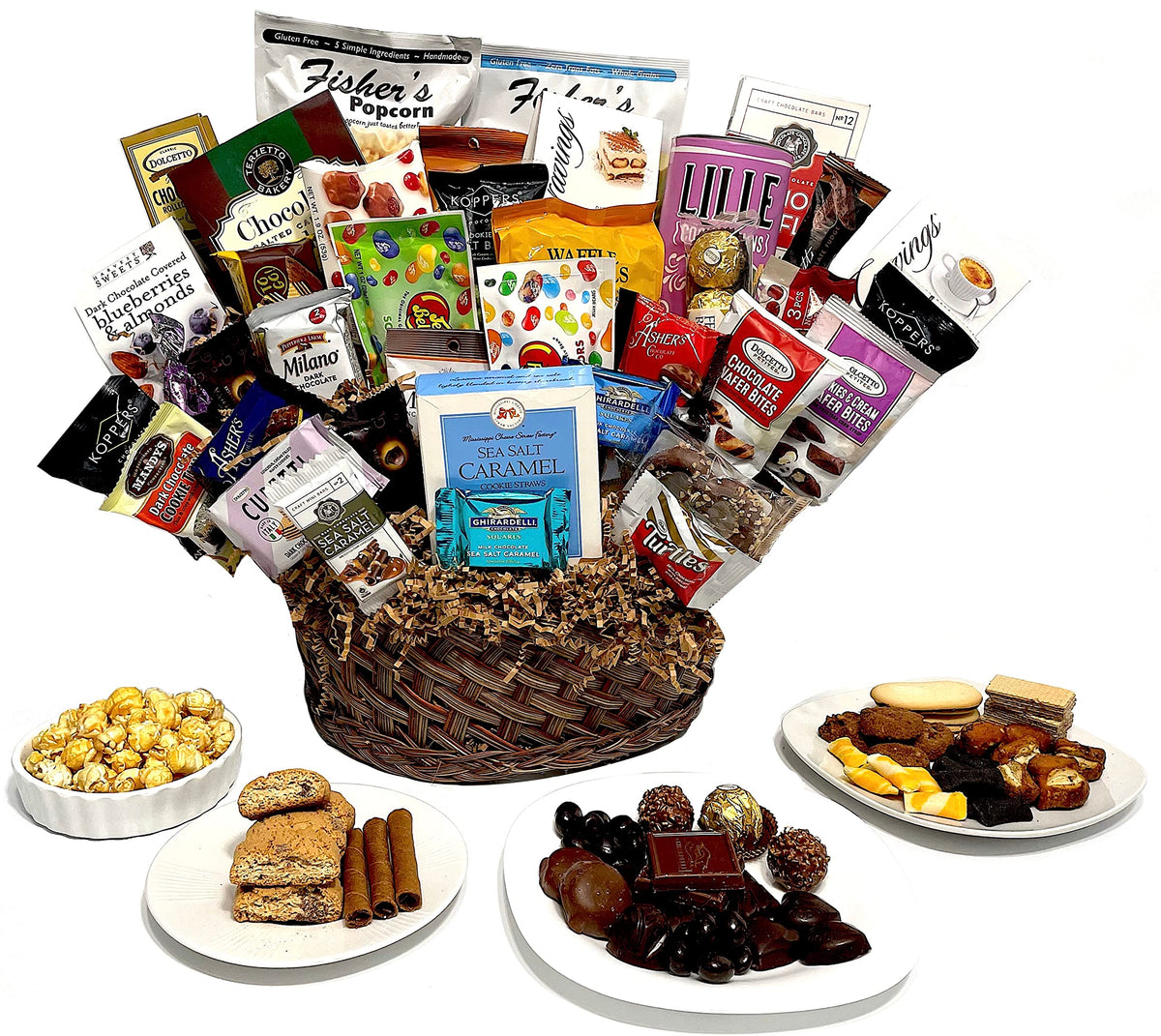 Hand-Crafted 38 Piece customizable chocolate gift basket of gourmet chocolates, cookies, and crunches. Tasty treats selected for businesses, clients
