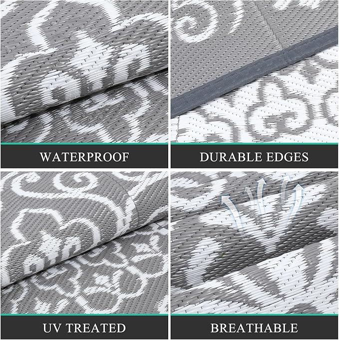 Pauwer Waterproof Outdoor Rug 9x12, Reversible Plastic Straw Patio Camping Rug, Indoor Outdoor RV Mat Carpet for Deck, Camper, Porch, Balcony, Backyard, Picnic, Floral Grey