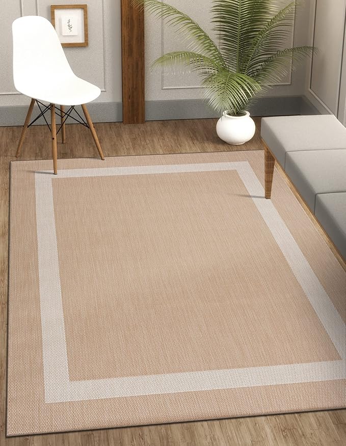 CAMILSON Outdoor Rug 9x12, Large Modern Outside Rugs for Patios Porches Waterproof Durable Washable Non-Shedding, Easy-to-Clean Indoor Outdoor Area Carpet (9 x 12, Bordered - Beige/White)