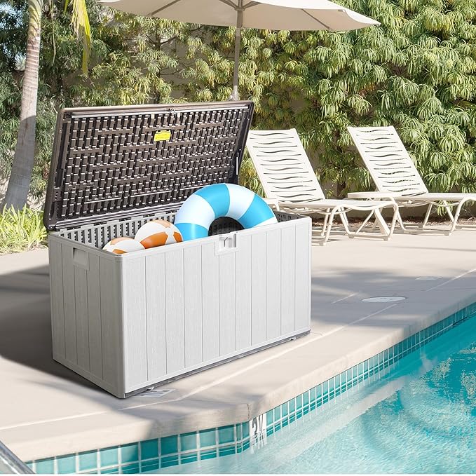 110 Gallon Pro Outdoor Storage Box, Waterproof Resin Deck Box for Patio, Pool, and Garden, Lockable Bin for Cushions, Tools, and Accessories, UV-Resistant, Grayish Brown