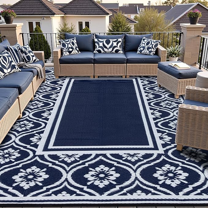RV Outdoor Rug Waterproof Mat 9'x12' Camping Carpet Blue Outside Area Rugs Reversible Rugs for Deck Entryance Porch Picnic Balcony Beach