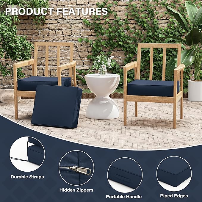 Patio Chair Cushions 18.5 X 16 X 4 Inch Waterproof Outdoor Seat Cushions for Patio Furniture, Outdoor Sofa Couch Pads with Ties & Handle, Set of 2, Navy Blue
