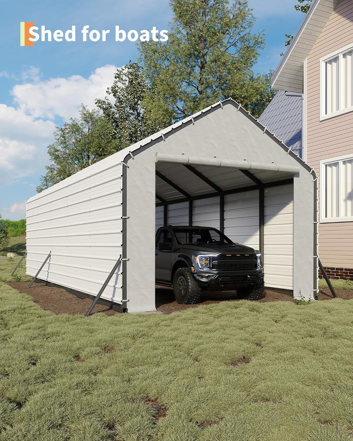 Door Panels with Zippers Tarp for Metal Carport 13x26 Ft, 13x21 Ft, and 13x16 Ft, 2 Pcs Door Panel with 32 Ball Bungees, White & Black
