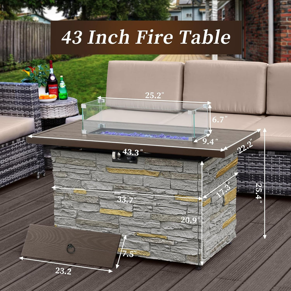 43¡± Propane Fire Pit Table Outdoor Rectangular Stone Firepit Table 50,000 Btu Propane Fire Tables for Outside Patio with Glass Wind Guard, Lid, Fire Glass Beads,Brown Rock Look