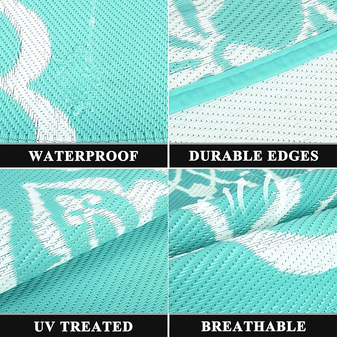 Pauwer Waterproof Outdoor Rug 6x9, Reversible Plastic Straw Patio Camping Rug, Indoor Outdoor RV Mat Carpet for Deck, Camper, Porch, Balcony, Backyard, Picnic, Boho Light Blue