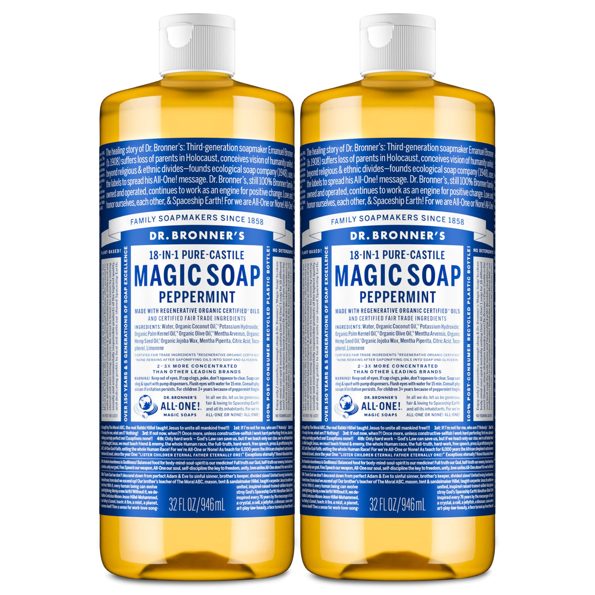 Dr. Bronner's Peppermint Pure-Castile Liquid Soap, Body Wash, 32 oz 2-Pack
