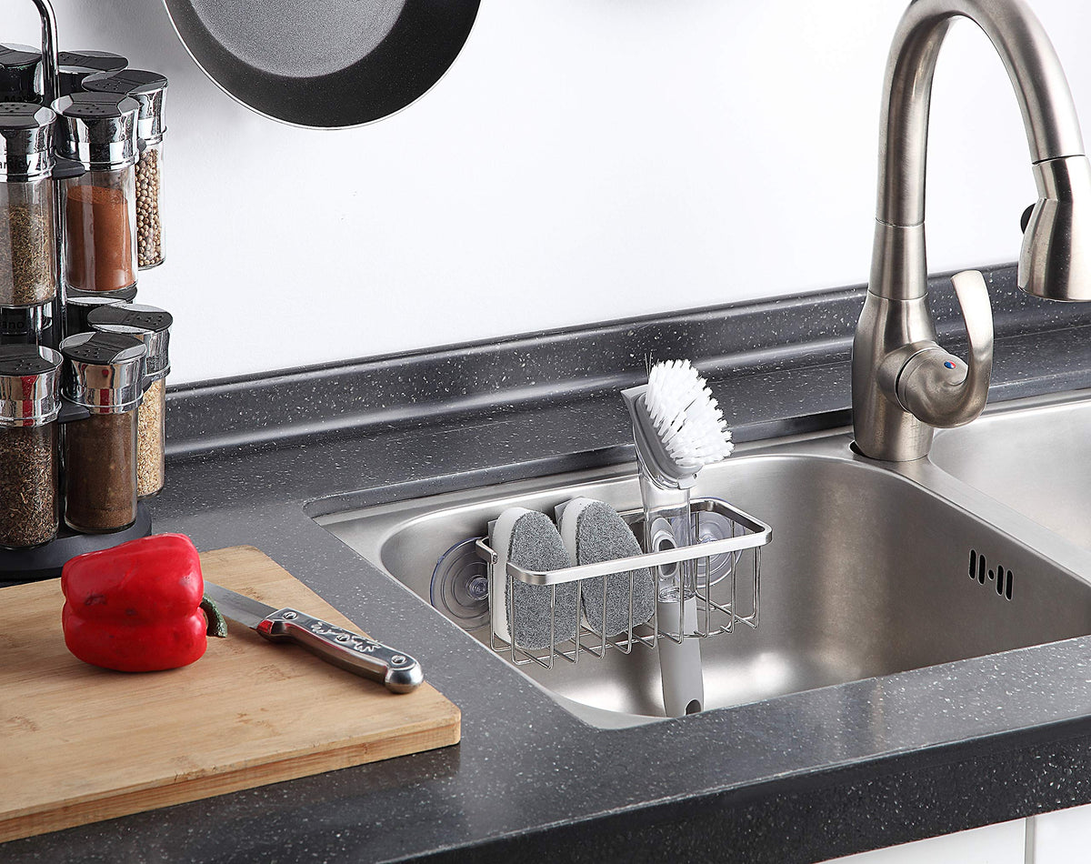 SunnyPoint NeverRust Deluxe Kitchen & Bathroom Sink Sponge Holder Organizer with Adhesive Mount - Additional Suction Cup Included – Sponge & Brush NOT Included – 7.4 x 3.3 x 2.75 Inch
