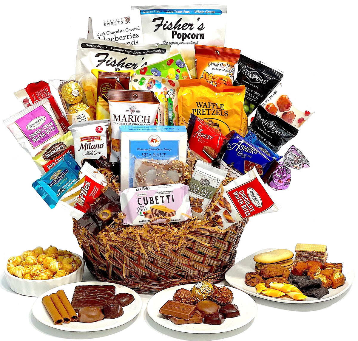 Hand-Crafted 33 Piece customizable chocolate gift basket of gourmet chocolates, cookies, and crunches. Tasty treats selected for businesses, clients