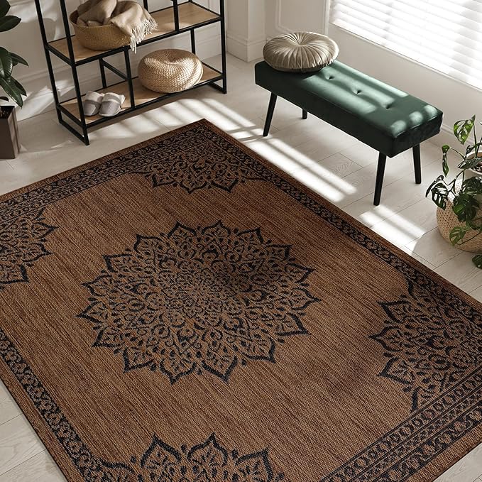 CAMILSON Outdoor Rug, Modern Area Rugs for Indoor and Outdoor Patios, Kitchen and Hallway mats, Washable Porch Deck Outside Carpet (6 x 9, Medallion Nut Brown)