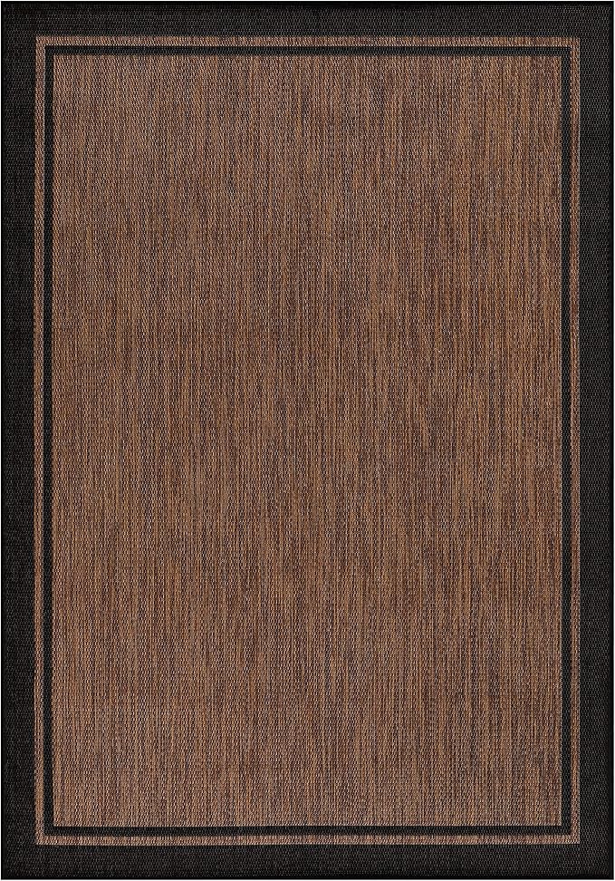 CAMILSON Indoor Outdoor Rug, 9x12 Bordered Nut Brown Black Modern Area Rugs for Indoor and Outdoor Patios, Kitchen and Hallway Mats, Washable Porch Deck Outside Carpet (Border Nut Brown Black, 9 x 12)