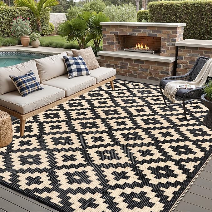 Outdoor Plastic Straw Rug, Waterproof Mat, Washable Large Floor Mat and Rug for Outdoors, RV, Beach, Patio, Camping, Backyard, Deck, Picnic, Indoor Outside (8x10ft,Geometry/Black&Beige)