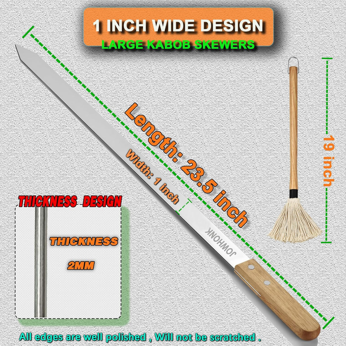 23.5" Long Skewers for Grilling,1 Inch Wide,304 Stainless Steel Skewer for Kabobs with Wood Handle,Heavy-Duty Metal Flat Barbecue Skewer Set Includes 4PCS BBQ Skewers,1PCS BBQ Mop Brush