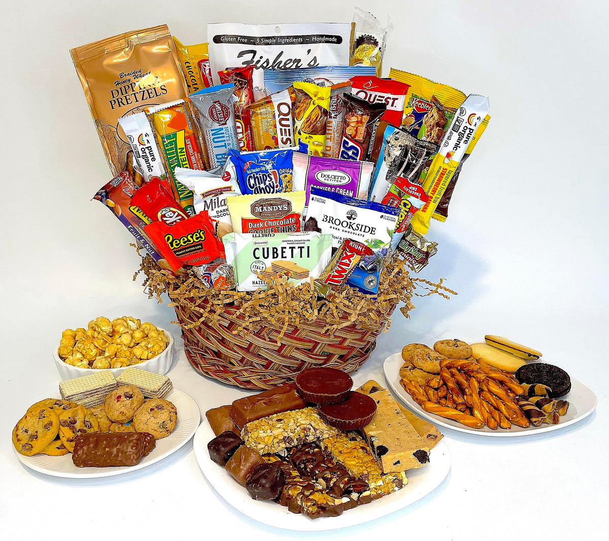 Gourmet Gift Basket filled with Protein Bars, Chocolates, Snacks, Popcorn, and more! A blend of sweet and healthy treats to show you appreciation!