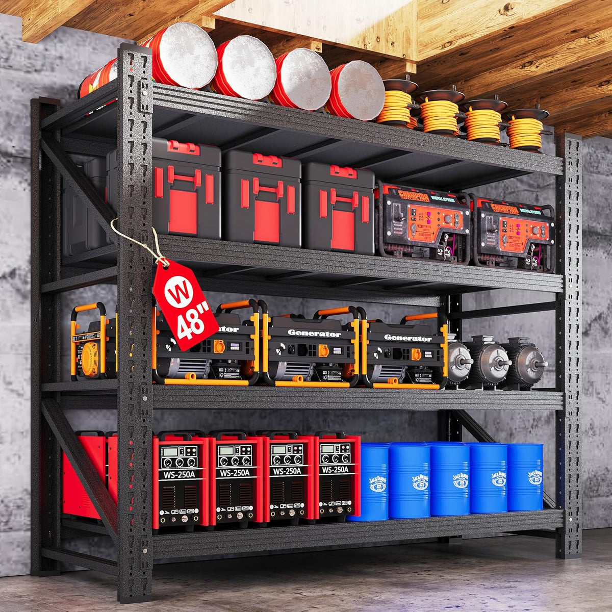 3000LBS Metal Storage Shelves, 48” W Heavy Duty Garage Shelving Units, 4 Tier Storage rack shelf, Steel Industrial Shelving , Adjustable Standing Shelf for Basement/Warehouse 48"W x 24"D x 70"H, Black