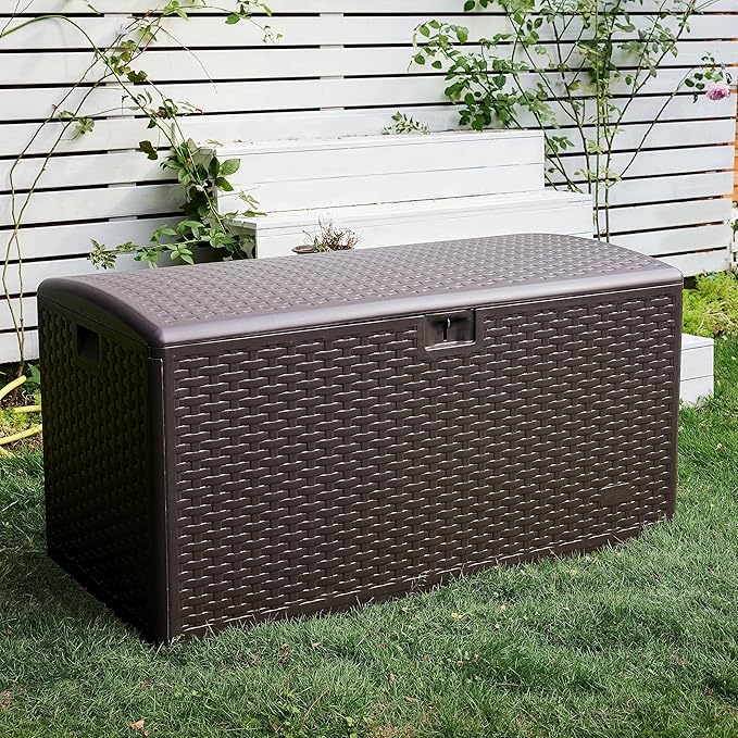Amazon Basics Outdoor Organization & Storage Deck Box with Lid, 99 Gallon, Brown