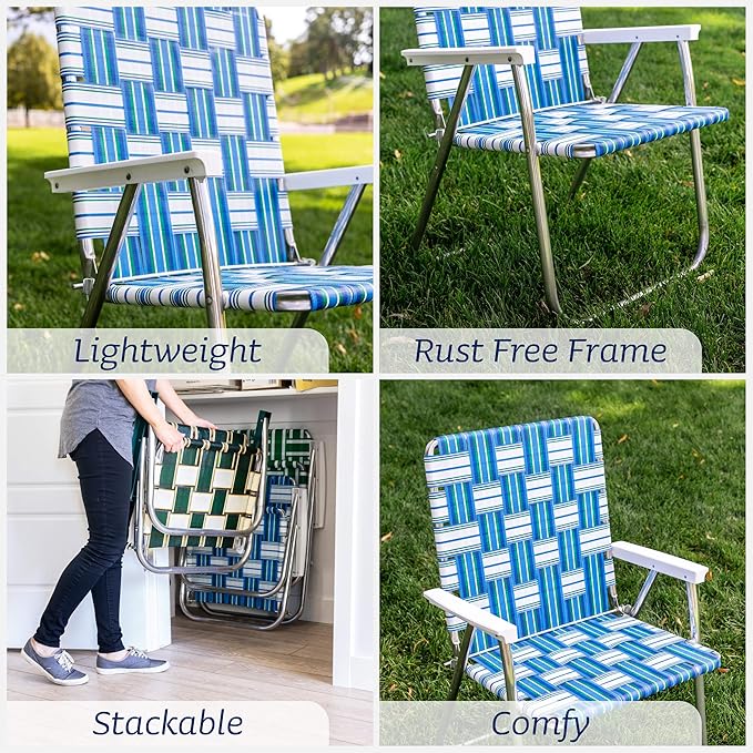 Lawn Chair USA Folding Aluminum Outdoor Patio Lawn Chair | Heavy-Duty Webbed Chairs for Camping, Sports, Beach, Yard & Tailgating | Lightweight Portable | Classic - Blue/White