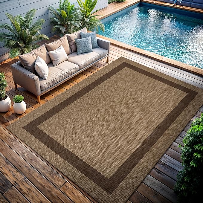 CAMILSON Outdoor Rug 8x10 - Modern Outside Rugs for Patios Porches Waterproof Durable Washable Non-Shedding, Easy-to-Clean Indoor Outdoor Area Carpet (8 x 10, Bordered - Jute)
