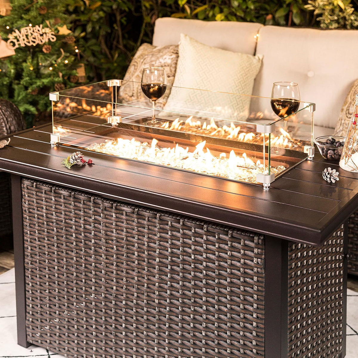 Nuu Garden Outdoor 43 Inch 50,000 BTU Propane Gas Fire Pit Table, Aluminum Tabletop and PE Rattan Weaved Steel Frame, Water-Proof Oxford Cover, Glass Fire Pit Wind Guard, Glass Beads, Lid, Dark Brown