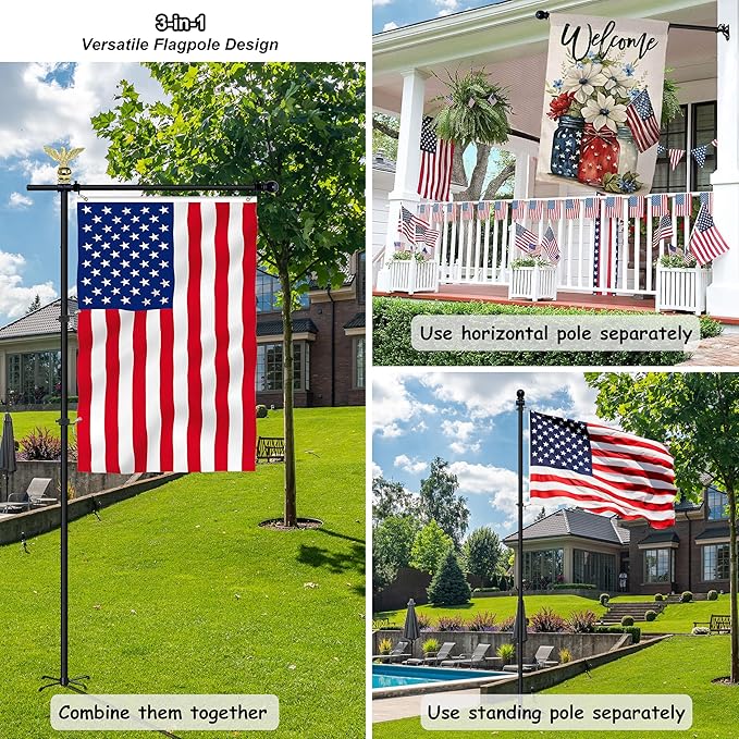 10FT Garden Flag Pole Stand for 3x5 Feet & 28x40 Inch Flags – Heavy Duty Freestanding Flagpole with 5-Prong Base – Adjustable, Lightweight Aluminum Flag Holder for Yard, Outdoor, Lawn – Black