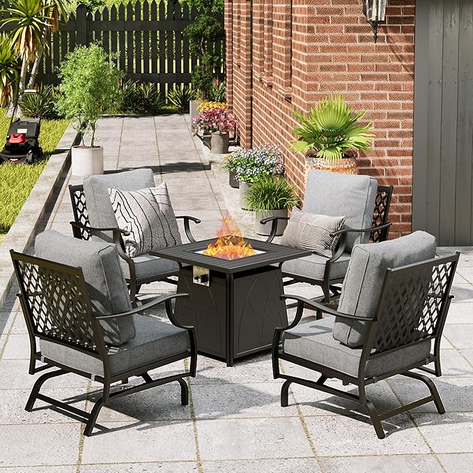 Patio Furniture Set with Fire Pit Table, 5 Pcs Metal Outdoor Conversation Set, 4 Rocking Chairs with 5.75" Extra Thick Cushion and 28" Fire Pit Table for Backyard Deck, Grey