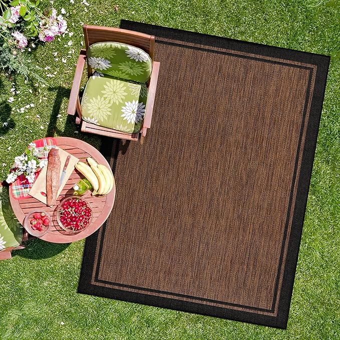 CAMILSON Indoor Outdoor Rug, 9x12 Bordered Nut Brown Black Modern Area Rugs for Indoor and Outdoor Patios, Kitchen and Hallway Mats, Washable Porch Deck Outside Carpet (Border Nut Brown Black, 9 x 12)