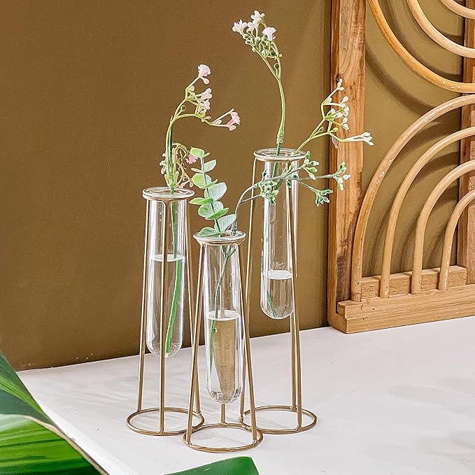 Propagation Station Terrariums with Gold Metal Stand - Kate Aspen 3 Glass Test Tube Planters for Indoor Plant, Air Plants, Plant Clippings, Cut Flowers, Herbs, Succulents | Home Decor Table Decoration